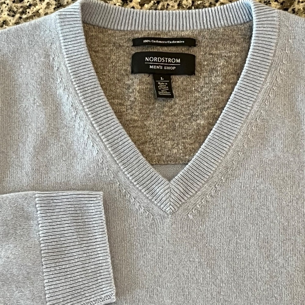 Nordstrom Mens Shop Sweater Mens Large Blue 100% Cashmere V-Neck Pullover